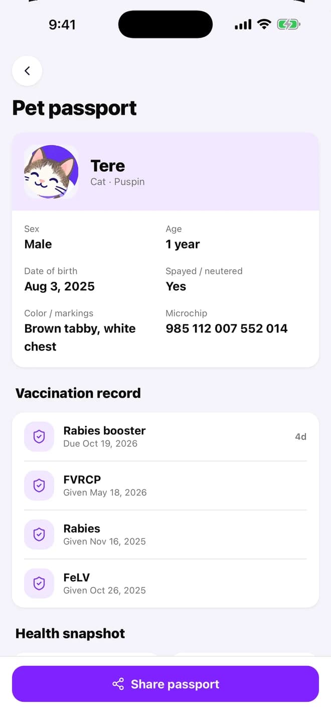 Tere's Pet Passport with vaccination record and latest weight