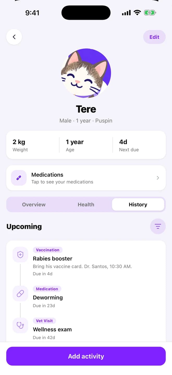 Tere the cat's profile in FurBuddy, with upcoming vet visits and medications